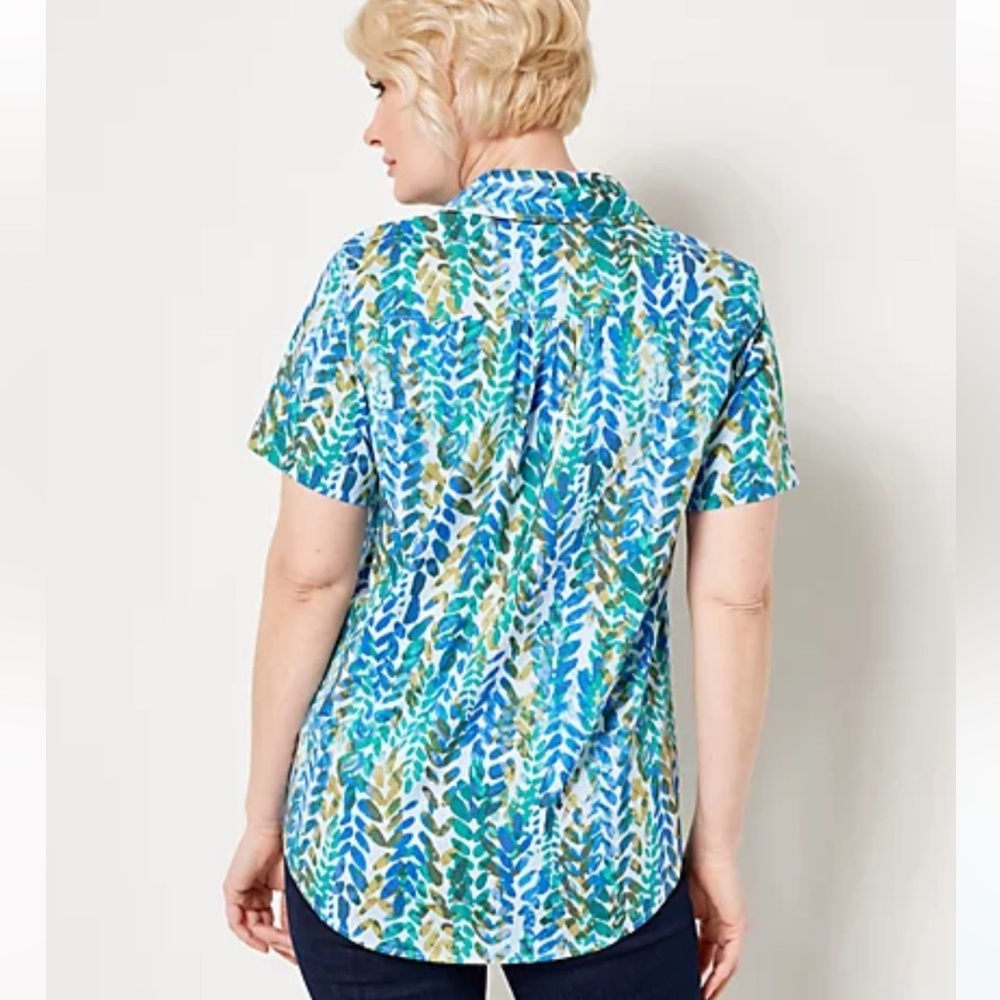 Denim & Co. Printed Button Front Shirt in Blue Leaf Multi, Size M - Picture 2 of 15